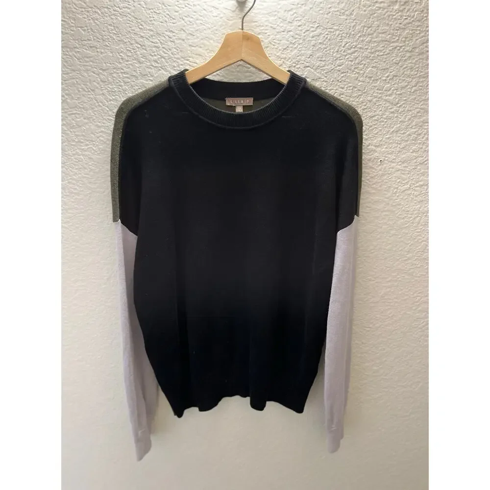 Lilla P Colorblock Knit Sweater Black Olive Gray Long Sleeve Sz S Cotton Modal - Picture 5 of 9